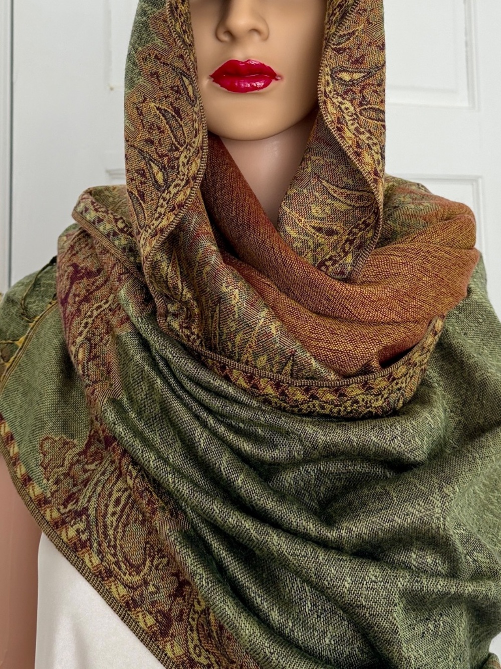 Reversible Silk Blend Paisley Pashmina Style Wrap, Olive Green Rust Shawl, Rayon